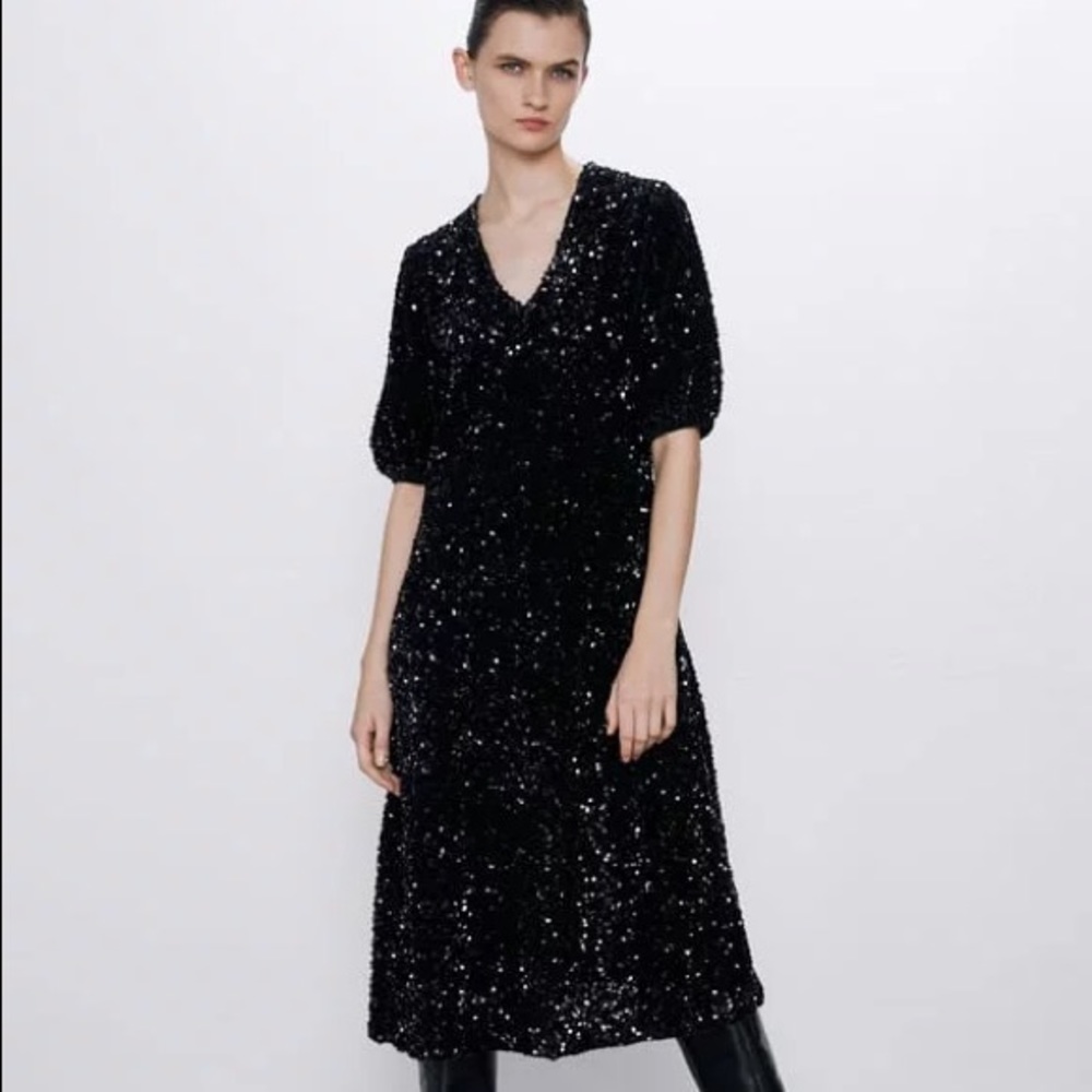 Zara Black Velvet Sequin V-neck Midi Dress with Puff Sleeves Size M